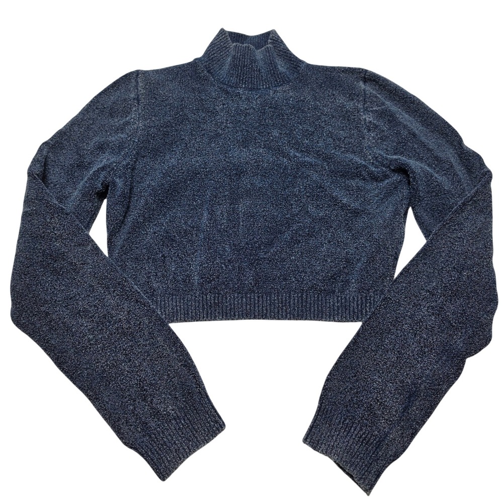 Zara Blue Marl Chenille Cropped Mock Neck Sweater Long Sleeve Large